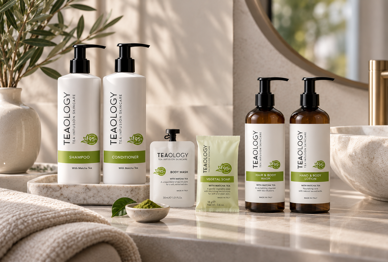 TEAOLOGY Tea Infusion Skincare shampoo, conditioner, body wash, vegetal soap, hair and body wash and hand and body lotion arranged on a travertine bathroom vanity