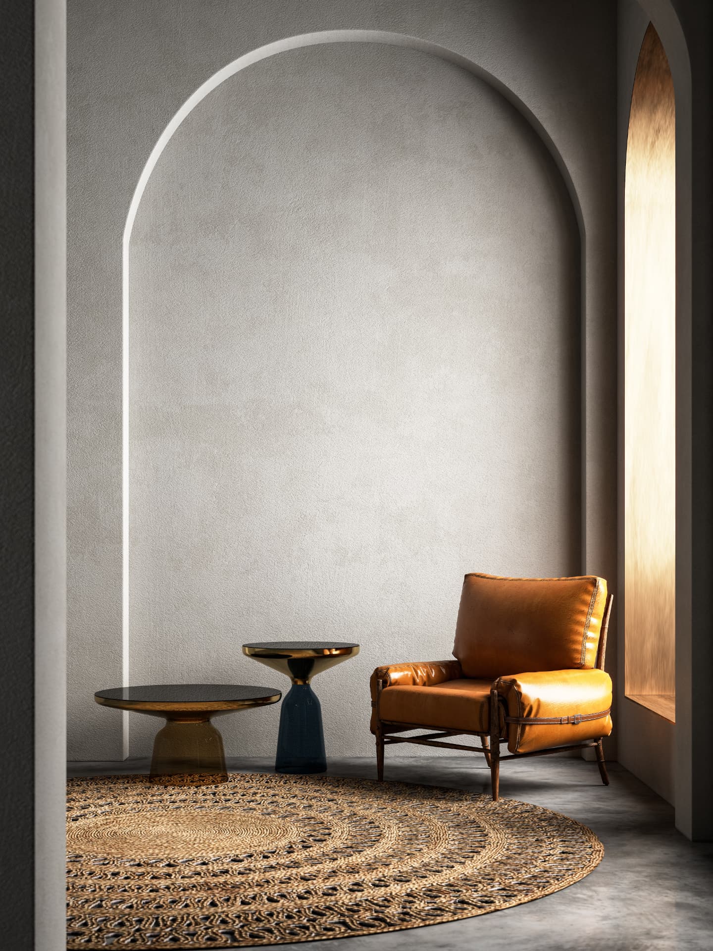 Arched alcove lounge with leather armchair and woven rug